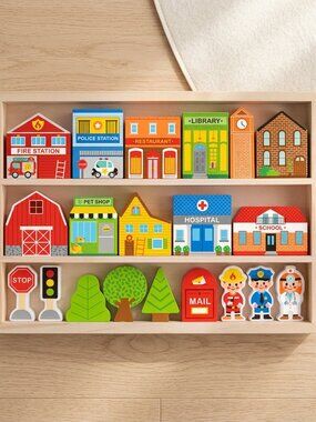 NEW Montessori Wooden Town Play Set Building Blocks Educational Toy Gift